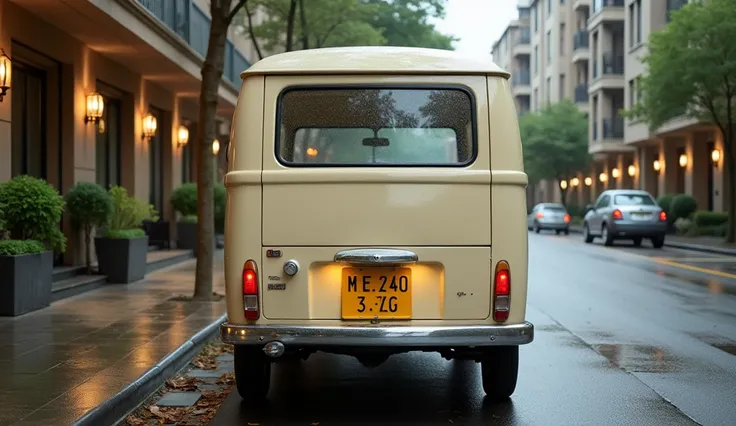 A Subaru 360 VAN in light beige color, viewed from the rear side, is parked on the side of a luxury apartment street. The scene depicts the road after rain, with the beige paint of the vehicle shining. The license plate reads "SUBARU 360 VAN" and is illumi...