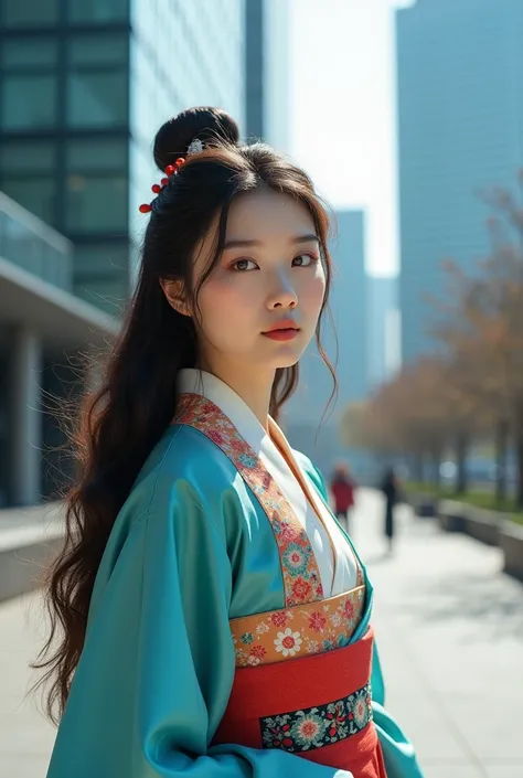 a beautiful Korean woman is standing wearing a Korean outfit, Korean office building background, real pics high quality