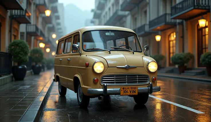 "A Subaru 360 VAN in a bright beige color, parked on the side of a luxury apartment street. The scene captures a post-rain environment with wet reflections on the road and a shiny, glossy finish on the vehicle. The vans license plate prominently displays S...