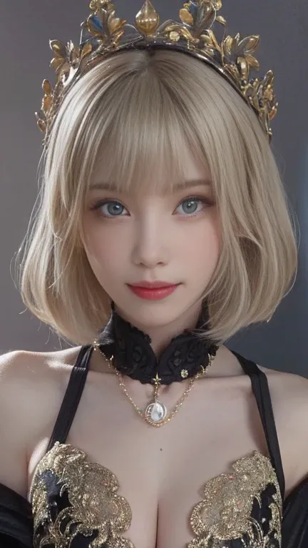 The same,
Depicts only one woman,

(Blonde),
(Bob cut hair.05),
((Around ))

((Black Rose Hair Accessories)),
((Golden Necklace)),

Natural skin texture,
Big boobs,
Narrow waist,
Bring both arms together,
Muscular body,
Muscular pectoral muscles,
Beautiful...