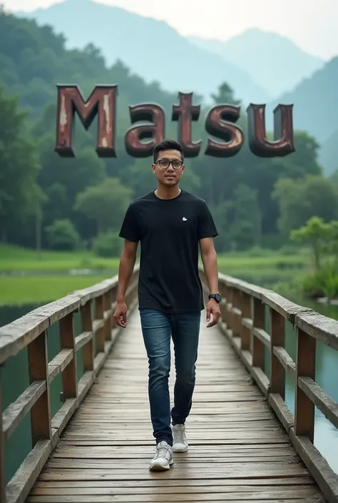 very high quality photo, a 25 old year man from Indonesia, wearing glasses, wearing a black t-shirt, jeans, sneakers, walking on a wooden bridge in the middle of the river into the front of the camera, in the background of the camera, there is a cool and c...