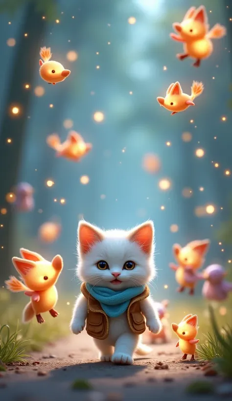 "A small kitten with white fur and light brown tips on its ears and tail, a cheerful smiling expression, wearing a light blue scarf and a brown vest. While walking, along the road, he saw glowing creatures, some shaped like foxes, birds, even some which we...