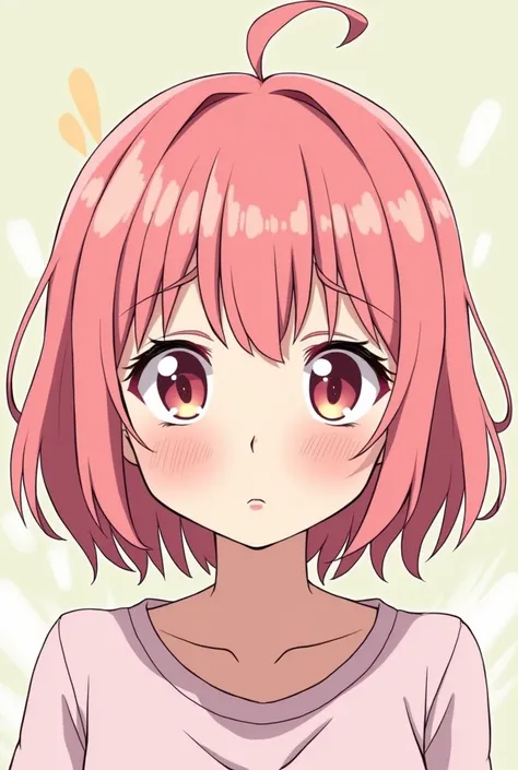 A pink-headed woman was frowning cutely. Anime style lines