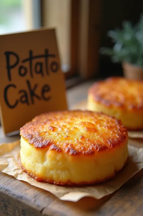 Make me a YouTube thumbnail of potato cake with a sign included