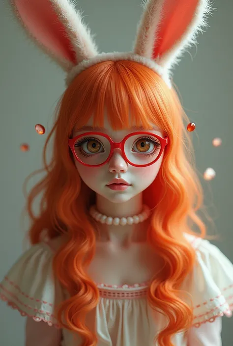 girl with bunny ears, orange hair, perfect body and red glasses