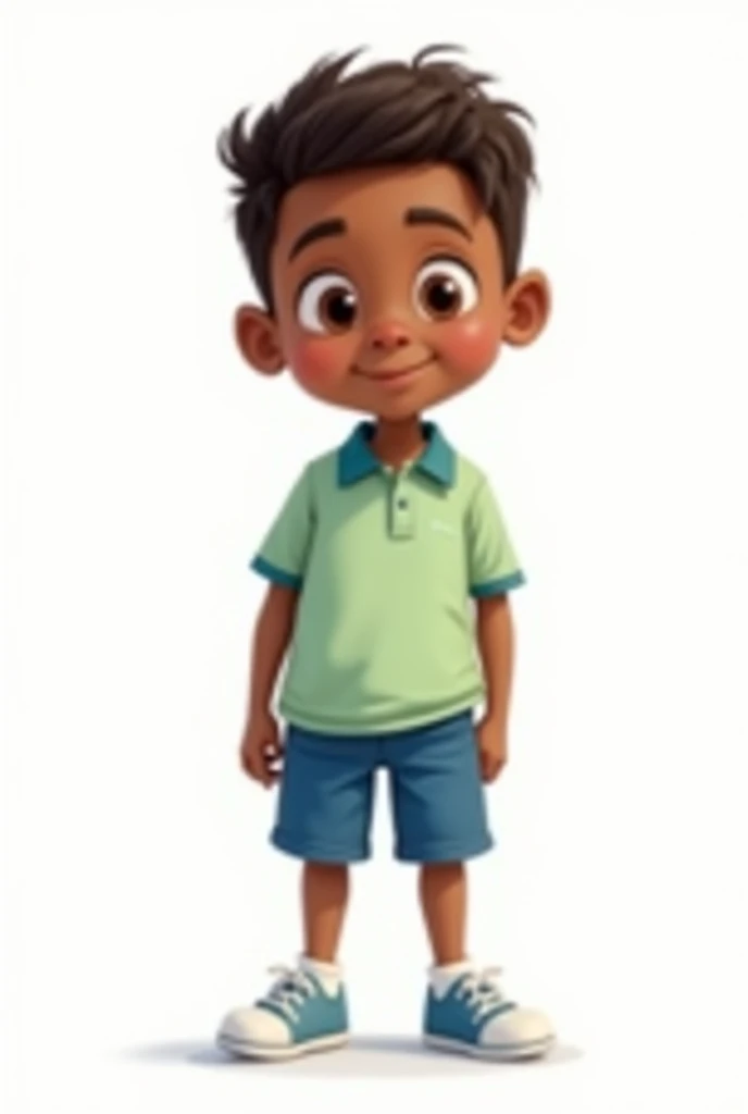 I would like the 2D animated type drawing with a white background, of a dark-skinned  boy in kindergarten with his uniform consisting of a light green polo shirt with electric blue sleeve seams and collar and electric blue shorts, with white sneakers.
