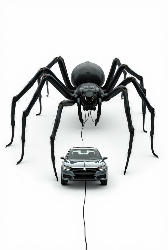 white background image of a spider pulling a car with its web