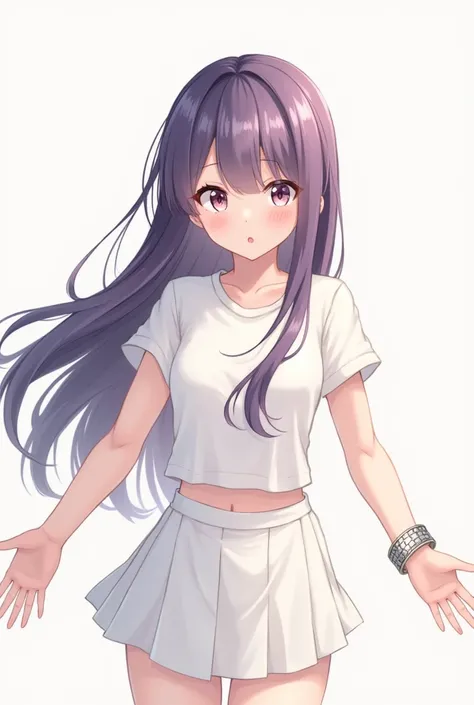 Make a picture of a long purple-haired anime with a flat chest wearing a minimalist white shirt and skirt wearing a shiny bracelet with sharp eyes, a cute, pretty face and a teenage age, add a pose wanting to hug