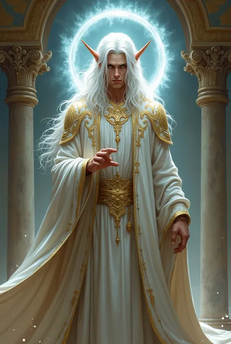 Create a murim character, he has WHITE hair, white eyes, wears a white robe with gold details 