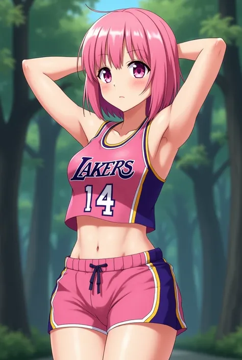 A shy anime girl in lakers uniform pink, shorts pink, navel, t-shirt, abs, strong abs, muscule female, trees background, arms behind head, shy smile, princess cut, short hair, hair pink, pink eyes, sexy pose, stretching, curved torso