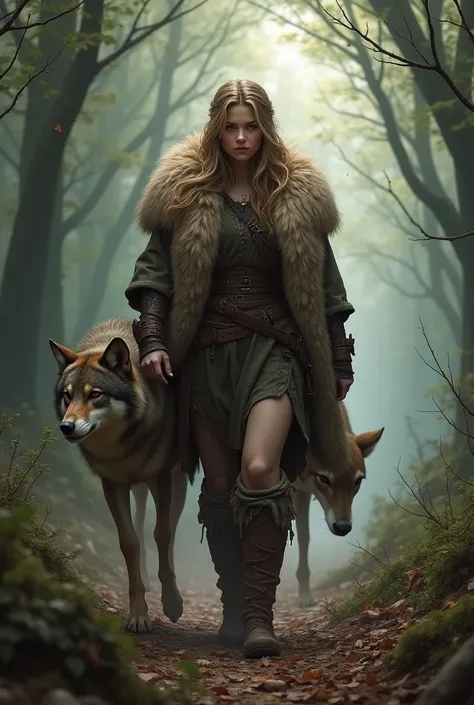 clearing! Here is a prompt for this scene:

Prompt:

"Illustrious Feyre Archeron emerging from the forest carrying the skin of a wolf and that of a deer. She is dressed in hunting clothes, with the animals&#39; skins hanging over their shoulders and arms. ...