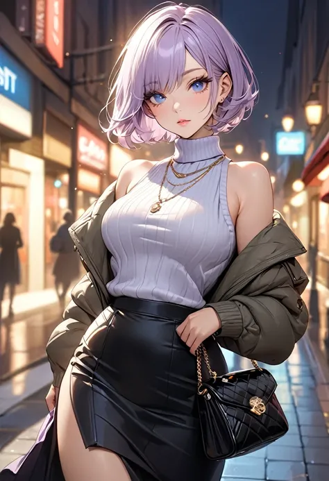 ((best quality)), ((Masterpiece)), (details), woman,( light purple hair, blue eyes, ((short hair)) , beautiful face, Beautiful skin, Long eyelashes, Thick eyelashes), attractive, big thigh, sexy, Sleeveless,Jewelry, Looking at Viewer, Skirt, Necklace,Bag, ...