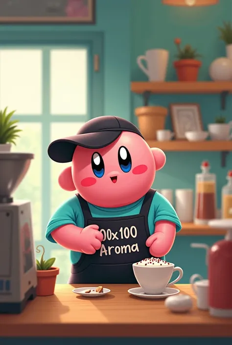 Kirby barista in a turquoise shirt, a black visor and a black apron that says 100x100 aroma