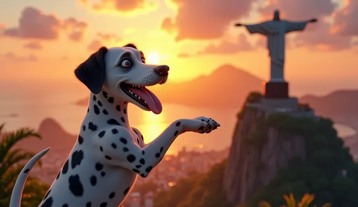 A realistic image of a Dalmatian dog taking a selfie in front of the Christ the Redeemer statue in Rio de Janeiro at sunset. The dog has its tongue out, looks happy, and the view includes the cityscape with the ocean and mountains in the background. The sk...