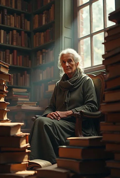 A wise old woman with her books 