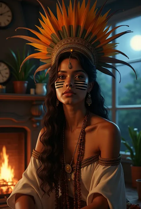 beautiful woman wearing her headdress of traditional bird of paradise feather covers her forehead, half face painted with black charcoal and white stripes, sitting next to fire place in a traditional house setting, wearing loose off-shoulder top, tradition...