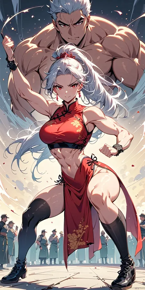 tall beautiful  muscular woman and doing a knee strike, six pack, no men in background , silver hair and red eyes, Chinese dress crop top, black thigh high socks, full body portrait