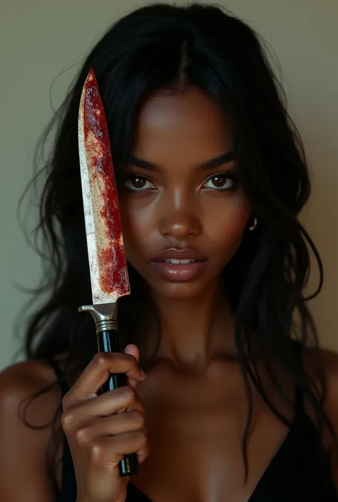 Black girl, crazy laugh, innocent face, beautiful side lighting, brown eyes.Showing some of her teeth, black dress, long black hair, holding a knife dripping with blood