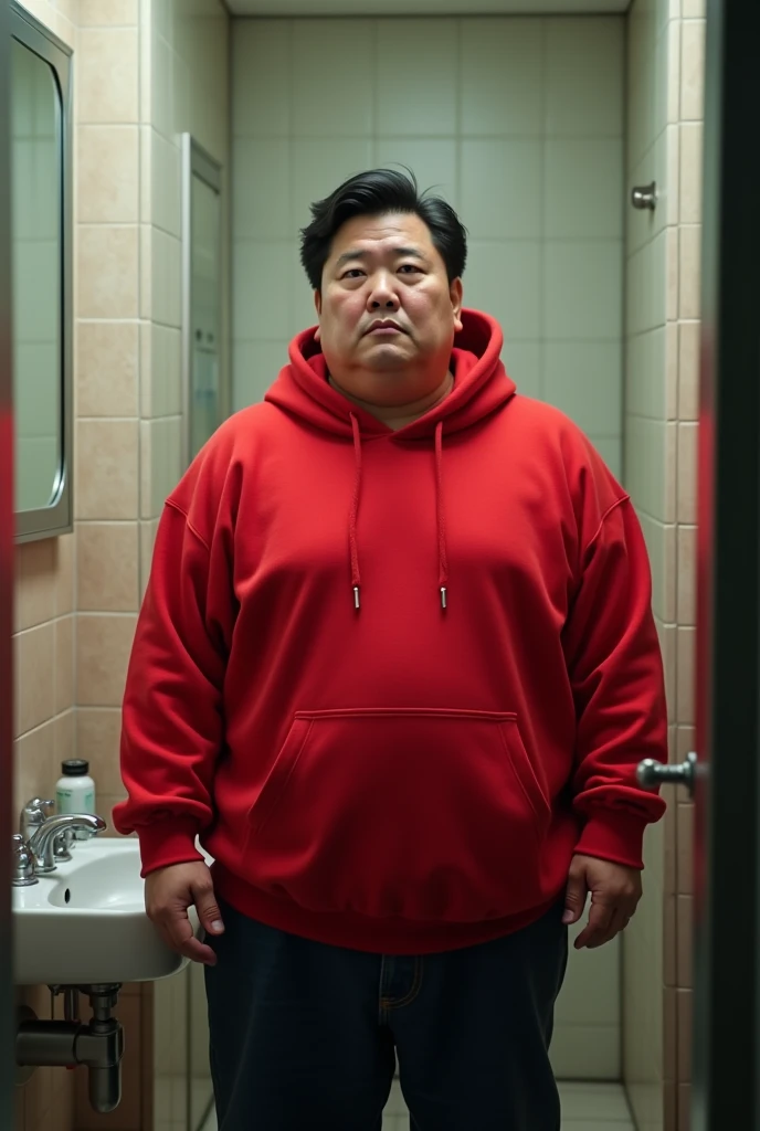 Korean fat man in red hoodie in bathroom 