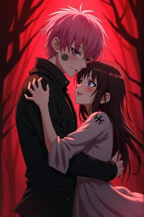 A pink-haired boy is named Sukuna and Sukuna has two tattoos on each cheek that resemble spirals or concentric circles.. These tattoos have a dark tone and are one of their most notable features.. Hugged by a girl with brown hair and violet eyes and a gent...