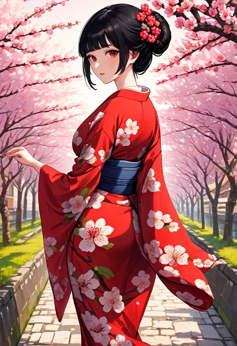 Masterpiece, best quality, ultra-detailed, 1girl, straight black hair, fancy updo, red flower pattern kimono, walking, detailed brown eyes, looking at viewer, medium breasts, slender legs, historic road, canal, cherry blossoms, close up shot, worms eye vie...