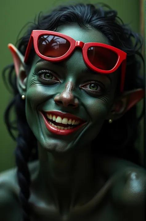 Dark skined elf with green eyes huge tits, red sunglasses overhead, getting fucked and choked, smiling and drooling in dark pleasure