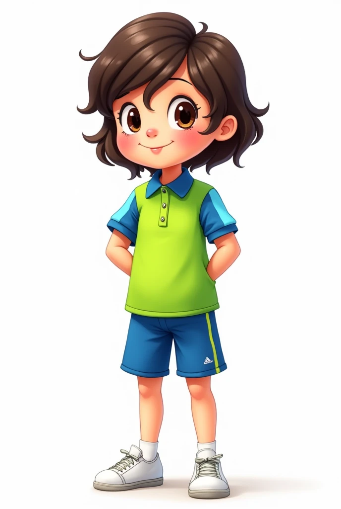 I would like the animated 2D drawing to print in black and white with a white background, of a  girl in kindergarten with her uniform consisting of a green polo shirt with electric blue sleeve seams and collar and electric blue shorts, with white sneakers....