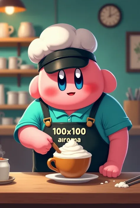 Kirby barista making cappuccino in a turquoise shirt, a black visor and an apron that says 100x100 aroma 