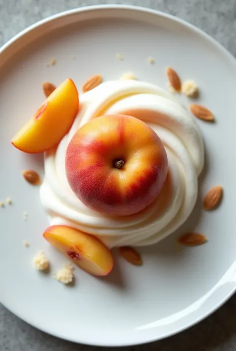 PEACH PLATED ON A GOURMET PLATE WITH A COCONUT MOUUSE AND ALMOND SHORT DOUGH, THAT CAN BE SEEN FROM ABOVE AND IS DELICATE

