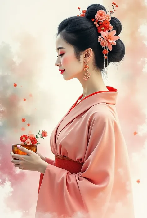 A masterpiece watercolor painting of a beautiful Japanese woman as a hostess, framed from the upper body. The painting is created with soft, delicate brushstrokes, featuring transparent and overlapping colors that blend and bleed gracefully. The watercolor...