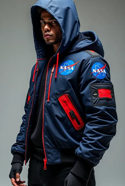 Navy blue with red accents Jacket with cool NASA patches, NASA branded red lanyards sewn into the seams, like a blackops jacket, black, designs should be in white. Sleeves should have a massive nasa logo