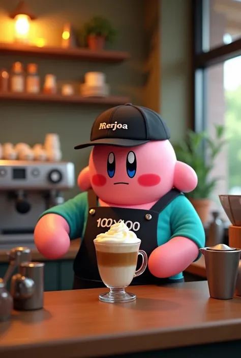 Kirby barista making cappuccino in a turquoise shirt, a black cap and a black apron that says 100x100 aroma 