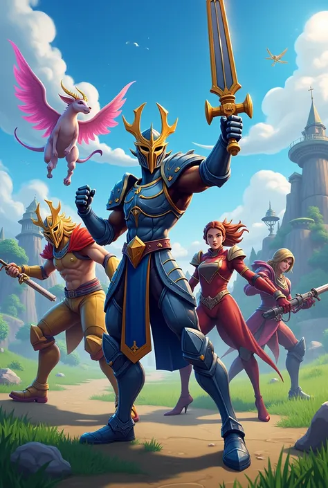 Recreate characters from the anime Knight of the Zodiac as Fortnite characters in a game landscape 