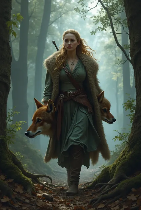 clearing! Here is a more specific prompt:

Prompt:

"Draw Feyre Archeron coming out of the forest, carrying the skin of a dead wolf and deer. She is dressed in hunting clothes, with the wolf skin thrown over one shoulder and the deer skin hanging at the si...