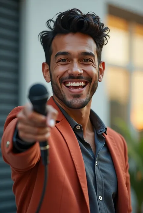 Medium shot of happy young Latino man with outstretched arm pointing a microphone at the camera, Front view.