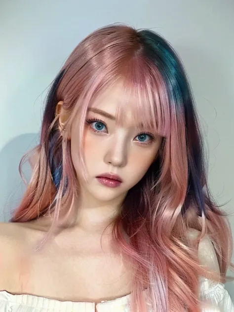 a close up of a woman with pink hair and a yellow top and blue like eyes, with pink hair, two color hair, two tone hair dye, Pink hair and cyan eyes., cruel korean gothic girl, pink smooth fur, by harajuku, flowing pink hair, ulzzang, Light pink hair with ...