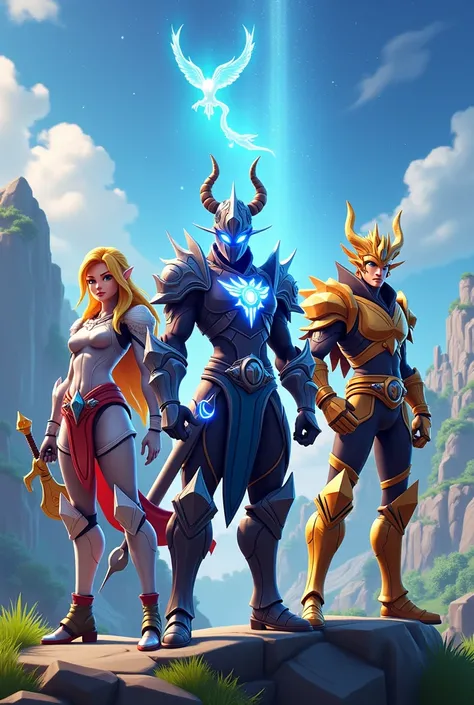 Represent characters from the anime Knight of the Zodiac as Fortnite characters in a game landscape 