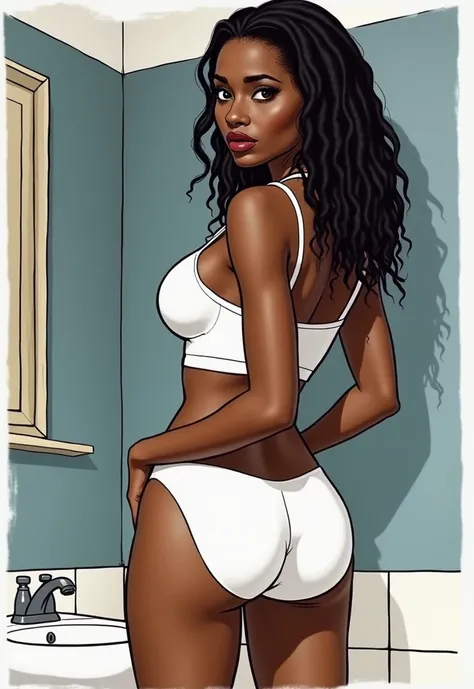 ((masterpiece, best quality)), ((((perfect anatomy)))), Black woman with long black dreadlocks, dark eye-shadow, dark brown eyes, ((white fullback cotton panties with a butt seam)), white tanktop, annoyed expression, realistically proportioned, standing in...