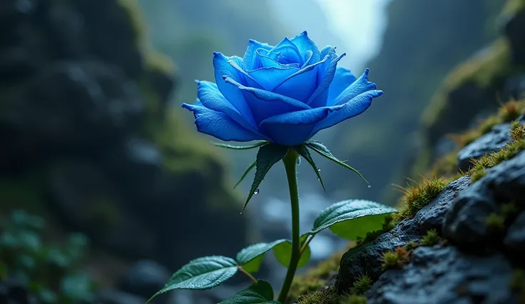 A blue rose growing in the middle of the rocks