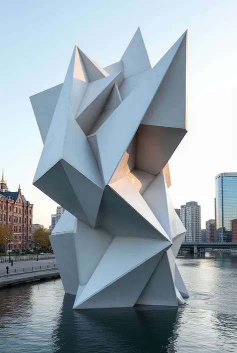 Create an abstract but somewhat figurative three-dimensional sculpture without curves and with geometric shapes inspired by Quebec City and that refers to the city and its river
