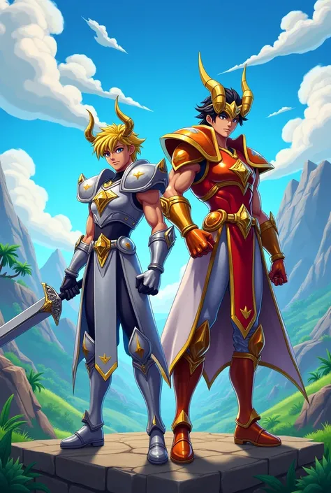 Represent original characters from the anime Knight of the Zodiac as Fortnite characters in a game landscape 