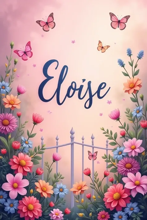 
Create a high quality image with the theme "enchanted garden". The background should be soft pink and the backdrop should include a vibrant variety of flowers., colorful butterflies and a delicate little fence. Make sure the name "Eloise" is integrated el...