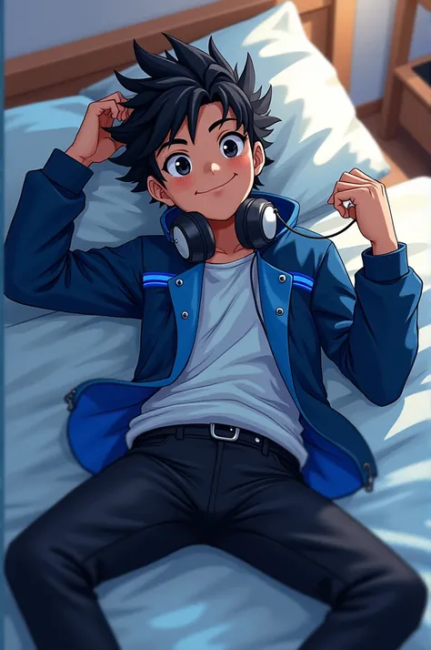 naughty man,アニメ,brown skinned,style clothes,blue and black clothes,kid,Bblack hair,eyes black,deitado na cama,fone de ouvido