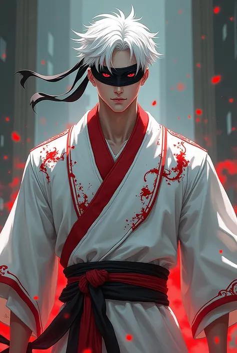 Make a character from murim manhwa, with white hair, It has red eyes,he has a black band covering his eyes, he wears a white outfit with red details, he is man