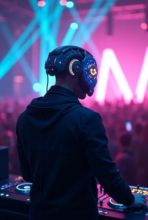 Create a complete DJ with a digital helmet, com emoji smille, playing for the audience, Excited 