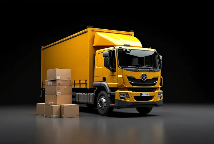 Yellow truck, Loading boxes,  realistic photo, photorealism, Black background, studio light, 8 K, high detail
