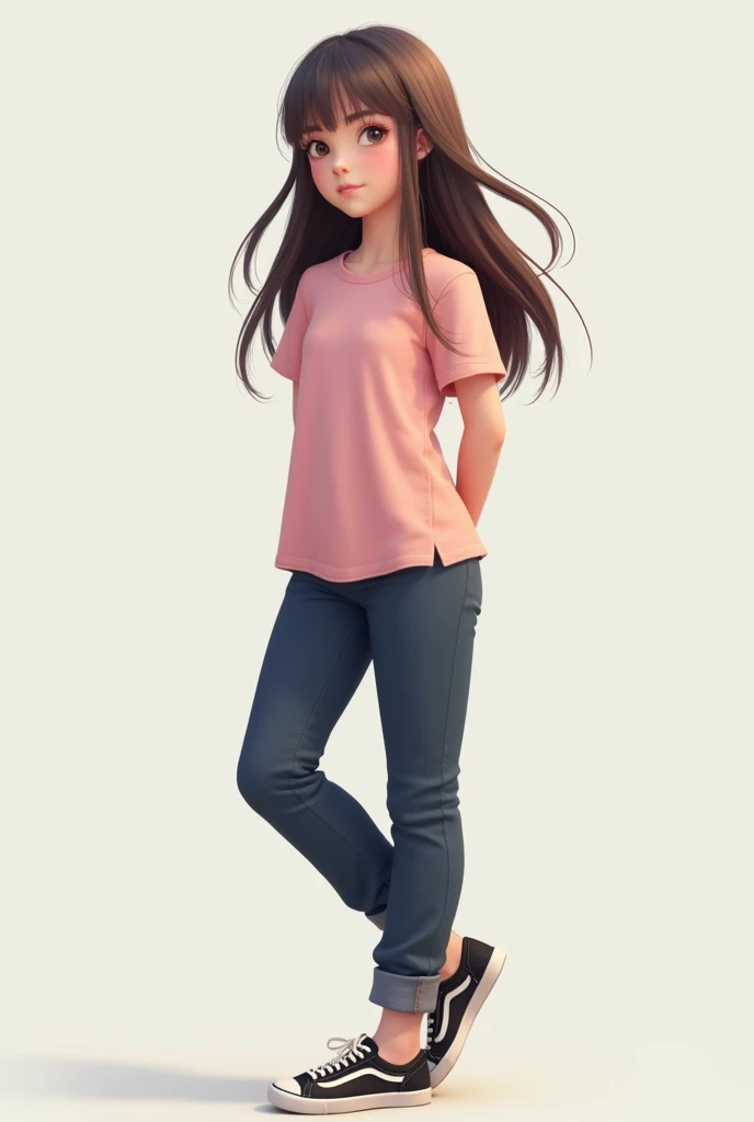 A girl in a pink shirt, dark blue pants with black and white shoes with long, loose hair with her feet crossed and her hands behind her back, light skin 