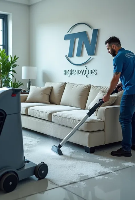 Sofa being cleaned with extractor,
With the TN Higienizações brand in the background