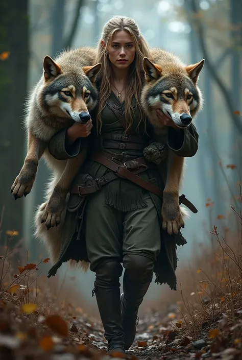 clearing, Heres a more concise prompt:

Prompt:

"Draw Feyre Archeron coming out of the forest, carrying the skin of a dead wolf and deer. She wears hunting clothes, with the wolf&#39;s skin over one shoulder and the deer&#39;s skin hanging at the side. Th...