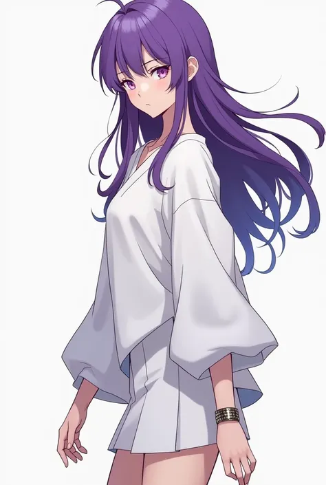 Make a picture of a long purple-haired anime with a flat chest wearing an oversized shirt and a minimalist white skirt wearing a shiny bracelet with sharp eyes, a cute, pretty face and a teenager, add an interesting pose.